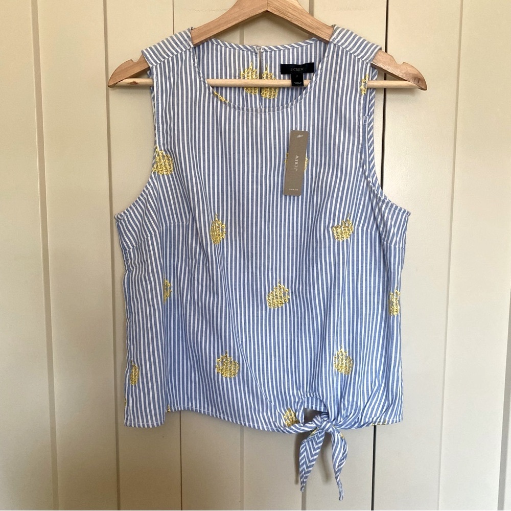 J. Crew-Blue & White-Tie Front-Sleeveless-Cotton-Pineapple 🍍 Tank Top-Size 6